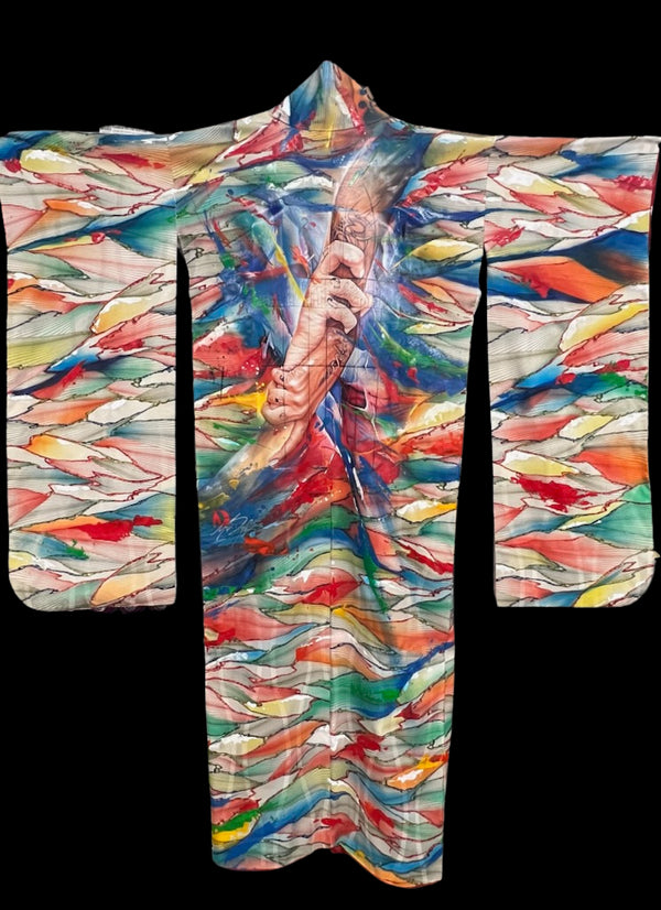 "Stronger Together" WITH BONUS ART - Reimagined Vintage Kimono - Kimono Zulu Artist Collaboration with Mr.D 1987